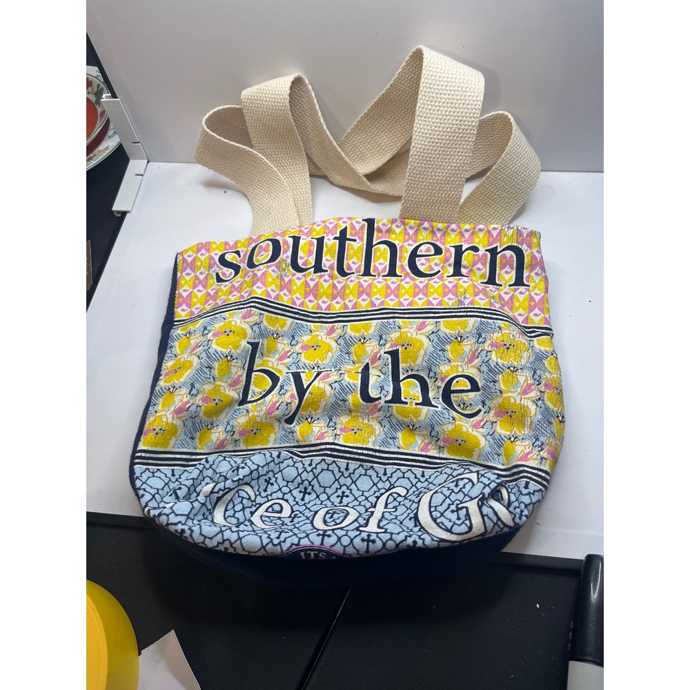 Itsa Girl Thing Southern by the Grace of God Navy Blue Floral Cotton Tote Bag